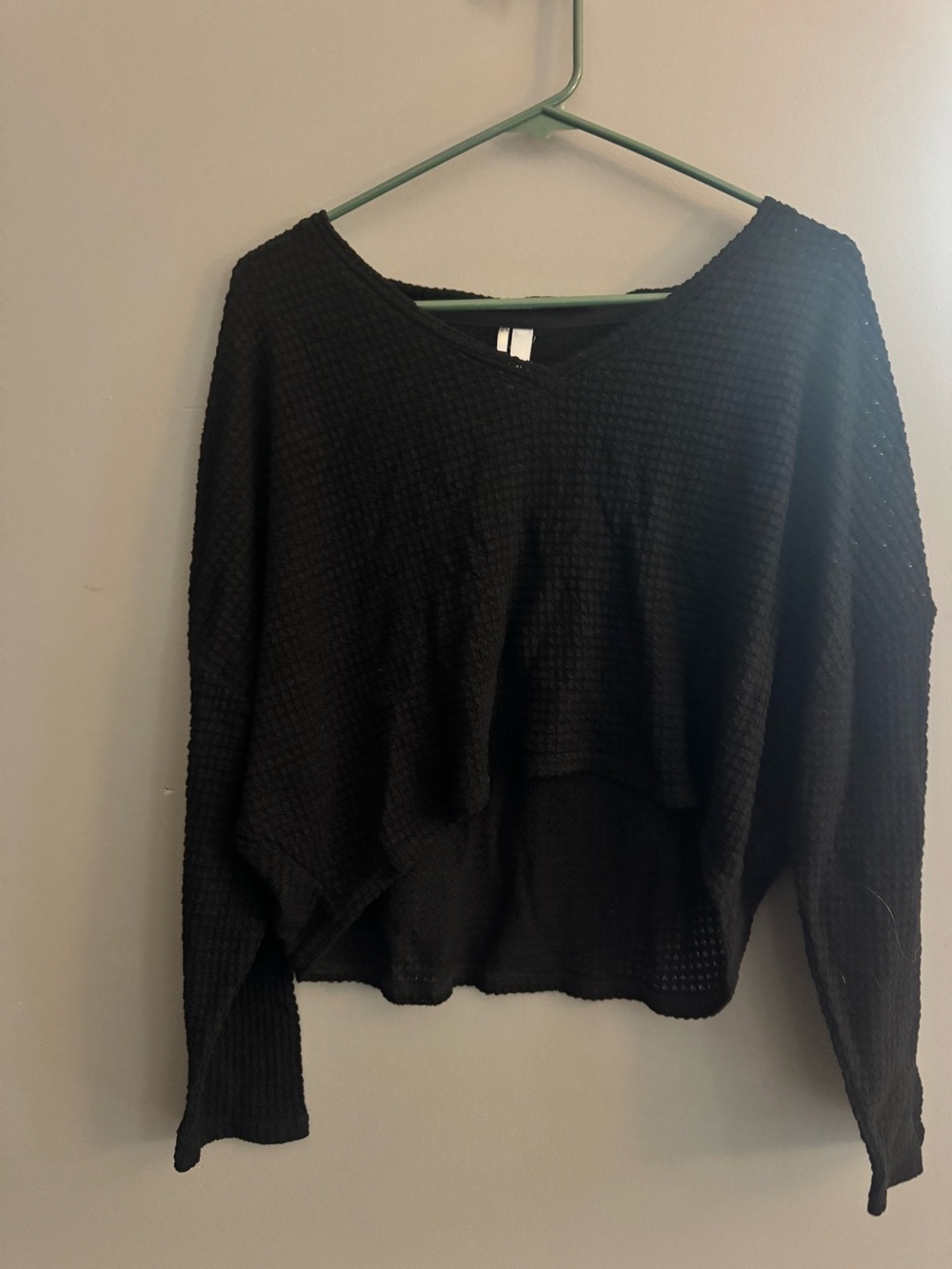 Black Waffle Knit V-Neck Women's Top